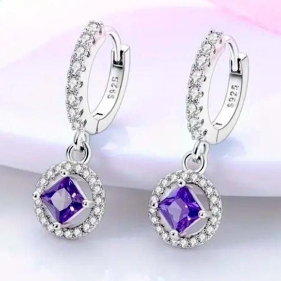 925 Sterling Silver Drop Paved Purple Zirconia Hypoallergenic Earrings - New - Picture 1 of 5